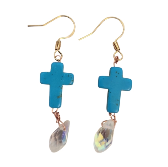 Hand Crafted Jewelry - 18k Gold Plated Turquoise Teardrop Ab Crystal Earrings